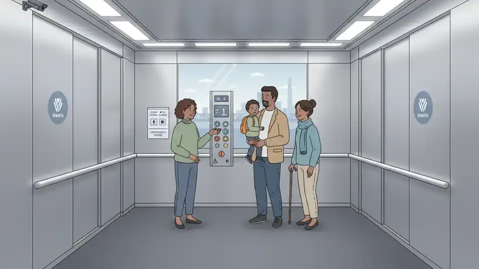 Modern metro elevator interior showing new control panel, safety features, and accessible design elements