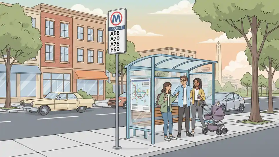 WMATA bus route sign showing route numbers A58, A70, A76, and F50 at Arlington bus stop