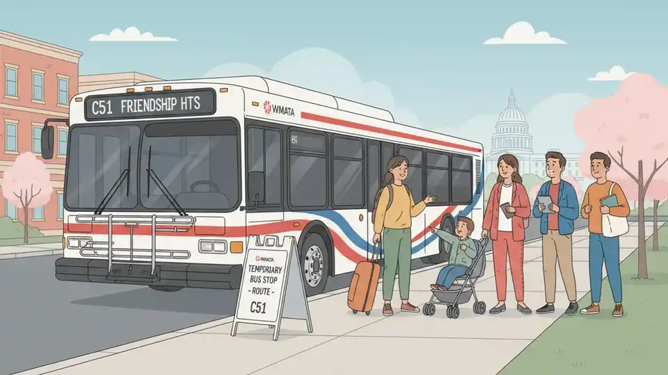 WMATA route C41 or C51 bus at curbside stop with temporary bus stop sign, passengers waiting to board, daytime urban transit scene