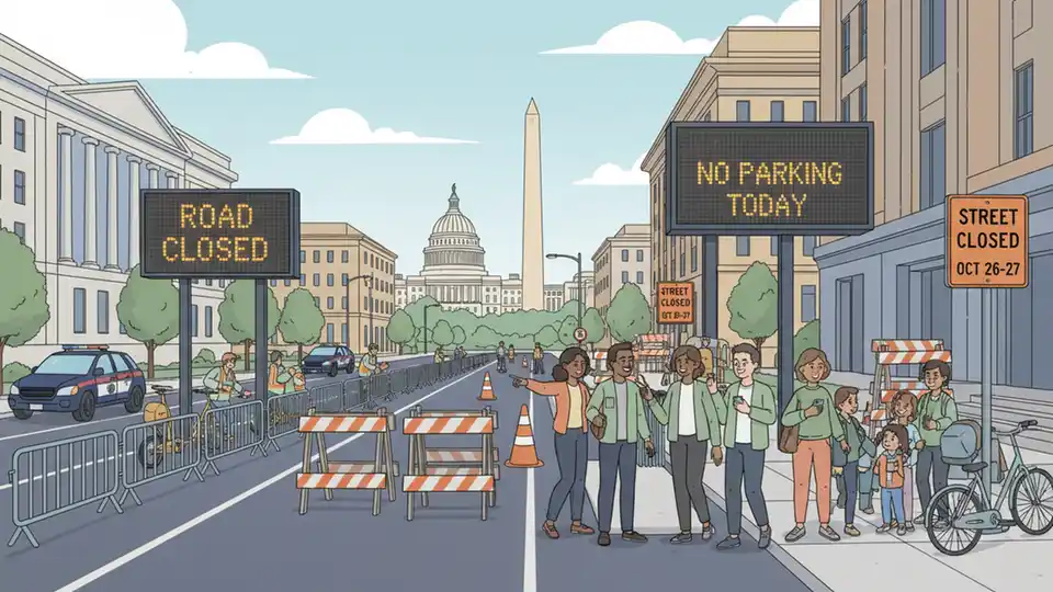Downtown Washington DC street closure signs and traffic barriers for parade preparation