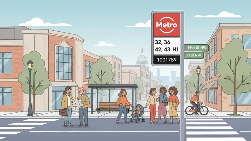 WMATA bus stop sign showing route numbers with street intersection in Washington DC