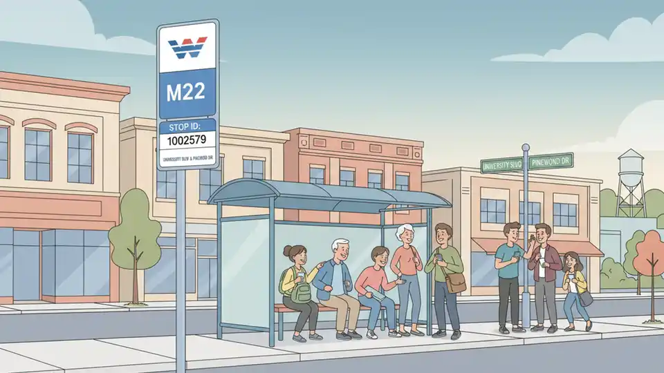 WMATA bus stop sign with route M22 information and stop ID number on University Boulevard, showing nearby street intersection