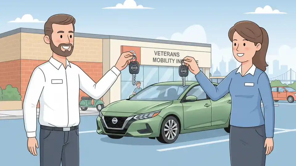 Close-up of a refurbished 2022 Nissan Sentra sedan with keys in the foreground, representing vehicle donation program for veterans