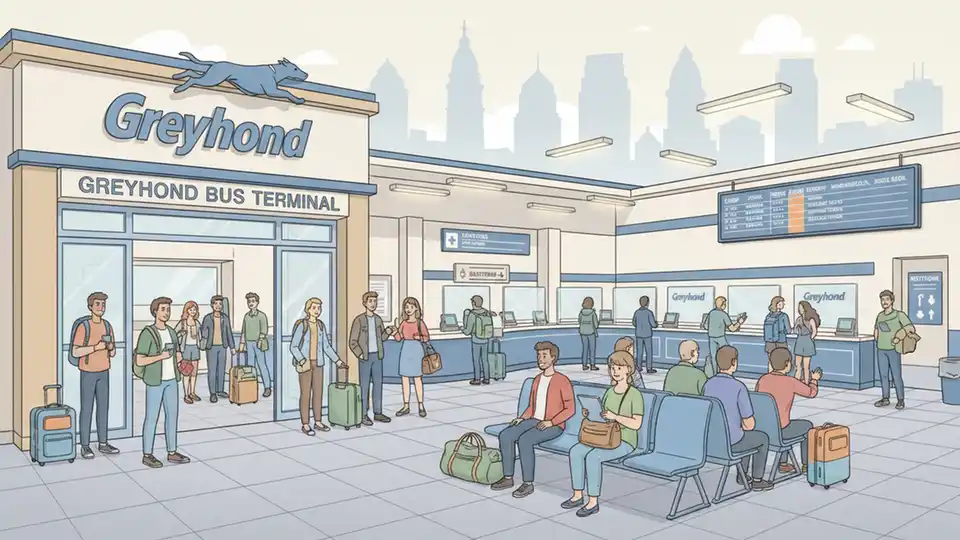 Greyhound bus terminal entrance with ticket counter and waiting area, passengers with luggage visible