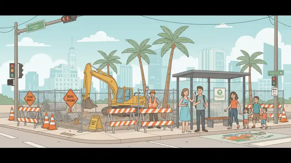 Construction barriers and equipment near urban bus stop area