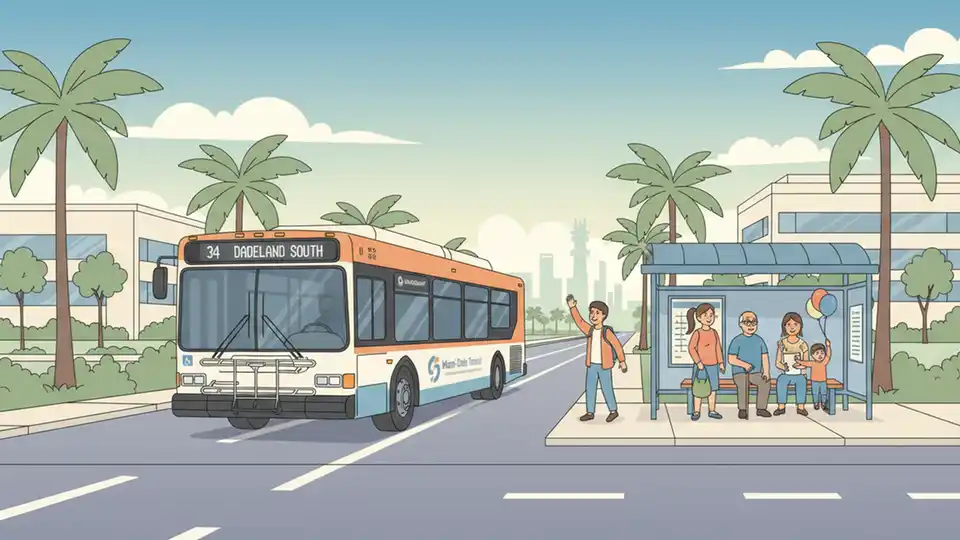 Transit bus approaching stop on multi-lane suburban road with office buildings in background