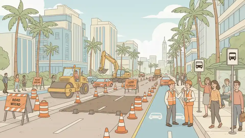 Construction zone on urban roadway with orange traffic cones and road work equipment near bus route