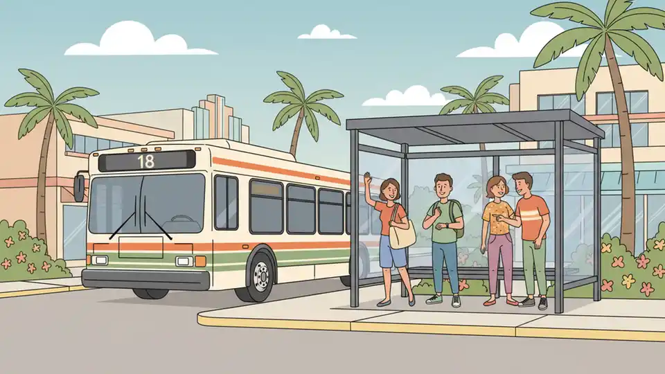 Route 18 bus approaching stop with passengers waiting at designated boarding area