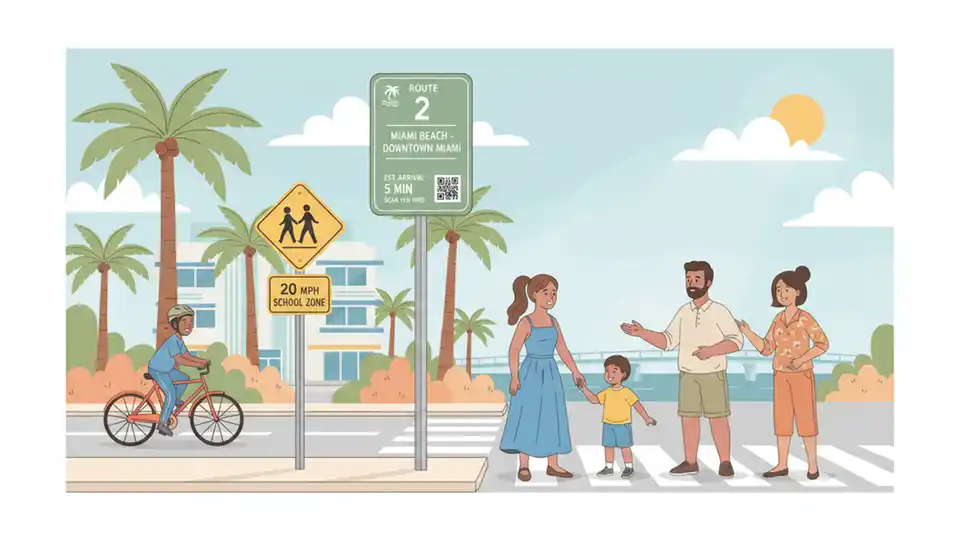 Bus stop sign showing Route 2 service information with school zone traffic signs visible in background