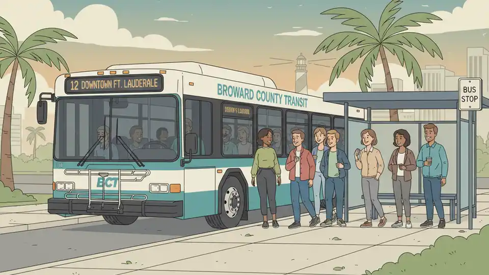 Broward County Transit bus at stop with passengers boarding, showing exterior route number display