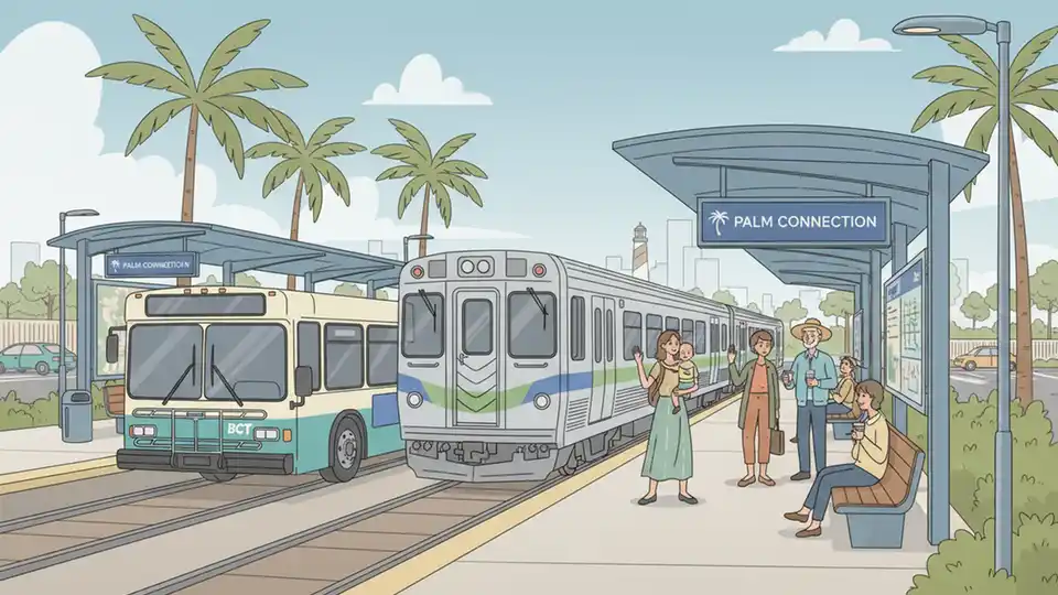 South Florida transit station platform with Tri-Rail commuter train and BCT bus visible, showing regional transit connectivity