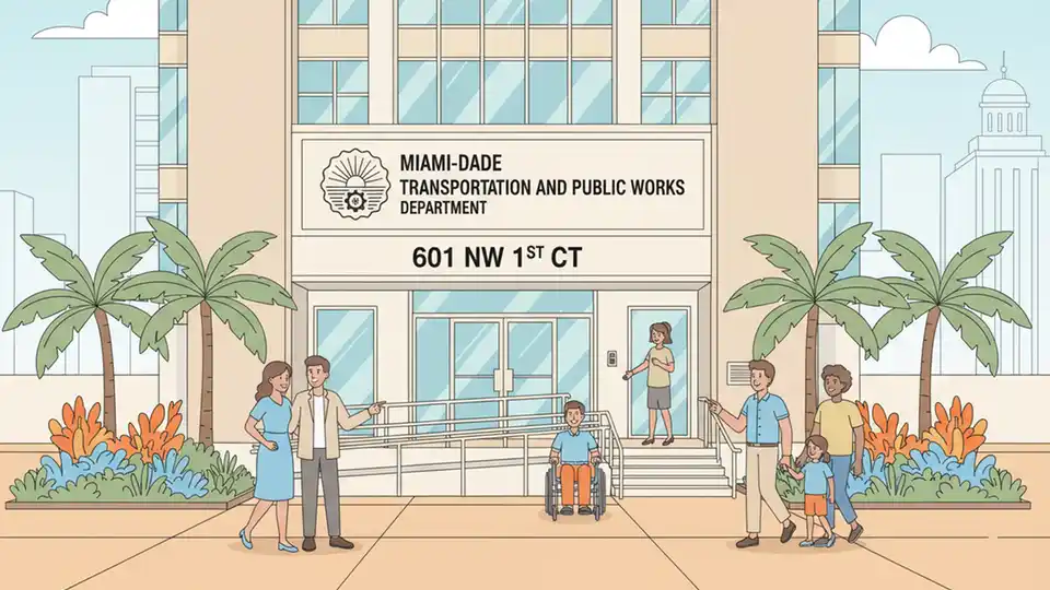 Miami-Dade Department of Transportation and Public Works office building entrance at 601 NW 1st Court, showing professional government facility exterior