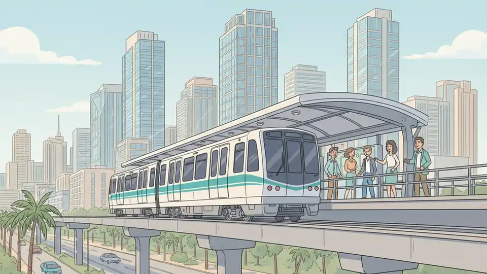 Miami Metromover train on elevated track approaching College/Bayside station with downtown Miami skyline
