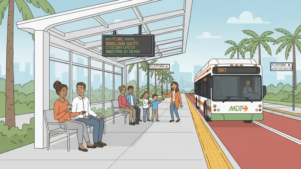 Modern BRT station platform with covered waiting area, digital arrival display, and level boarding access along South Dade TransitWay