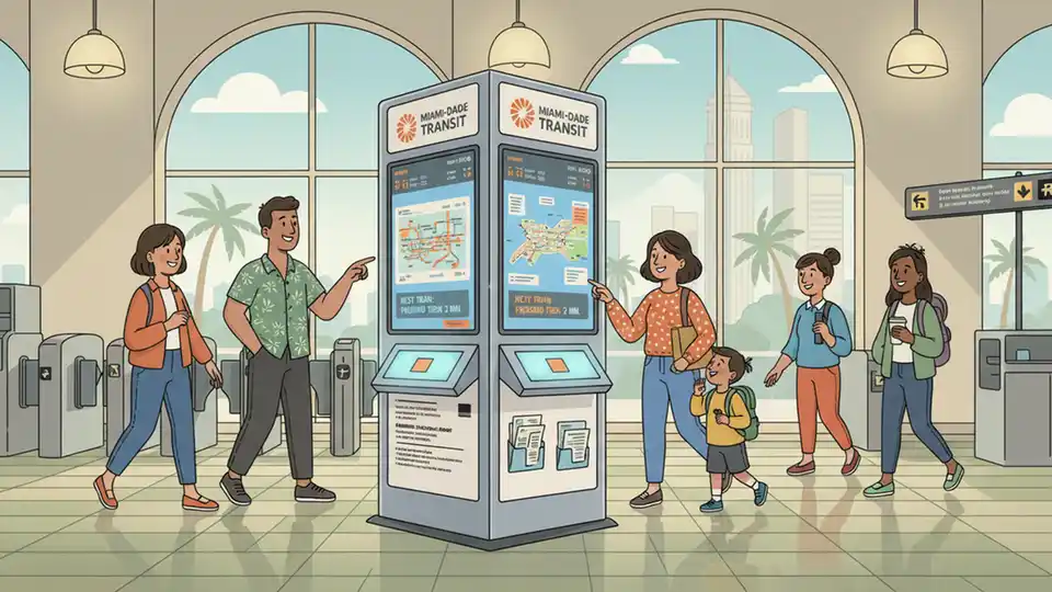 Miami-Dade transit information kiosk at busy terminal with digital displays