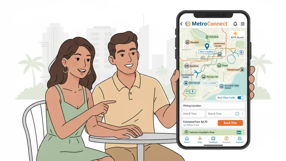 MetroConnect app interface showing service zones, booking screen, and transit terminal connection points in Miami-Dade County