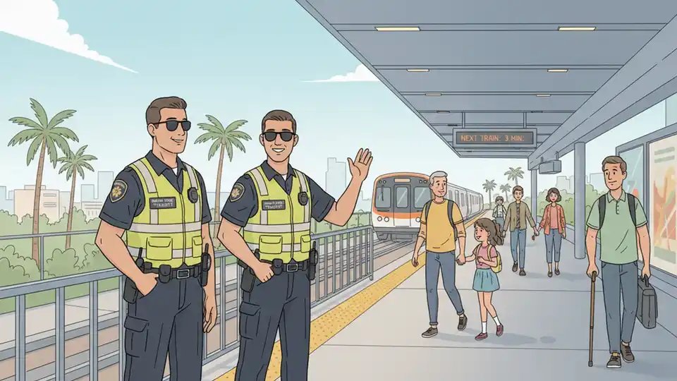 Transit security personnel at Miami-Dade rail station platform monitoring passenger safety