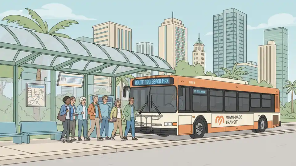 Miami-Dade Transit bus at downtown station with passengers boarding during daytime