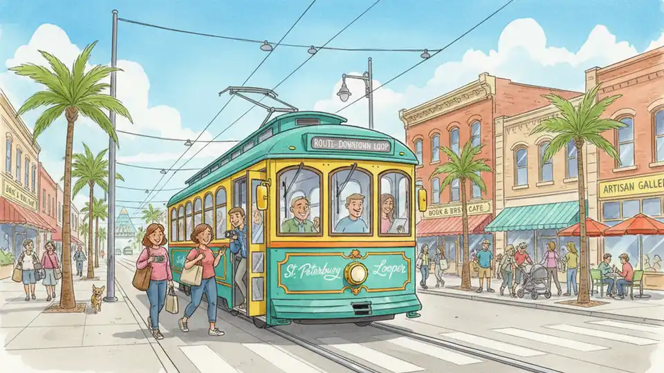 St. Petersburg Central Avenue Trolley at a downtown stop with passengers boarding, showing existing public transit infrastructure