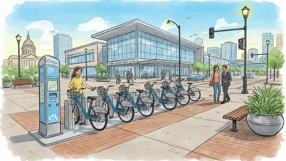 Bike share station with multiple bicycles docked at urban plaza with transit center in background