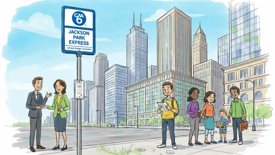 CTA bus stop sign for route #6 Jackson Park Express in downtown Chicago with city buildings in background