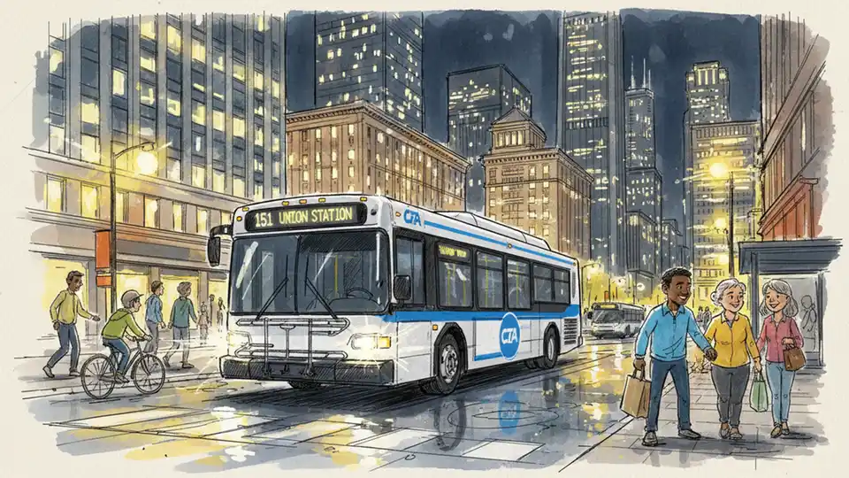 CTA bus navigating downtown Chicago streets at night with city buildings illuminated