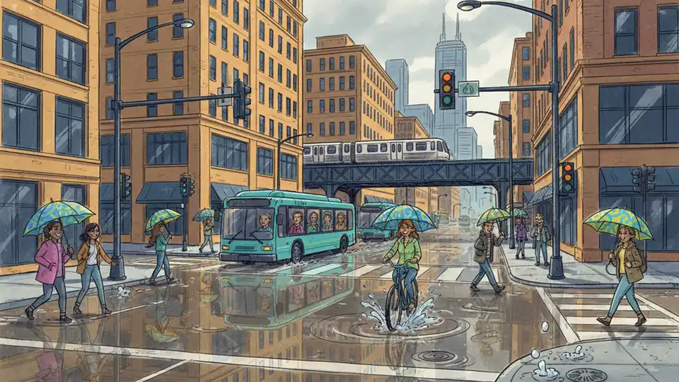 Flooded urban street intersection with water covering pavement near transit route