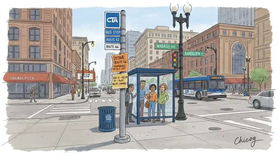 Chicago street intersection showing CTA bus route signage with detour information posted at a bus stop