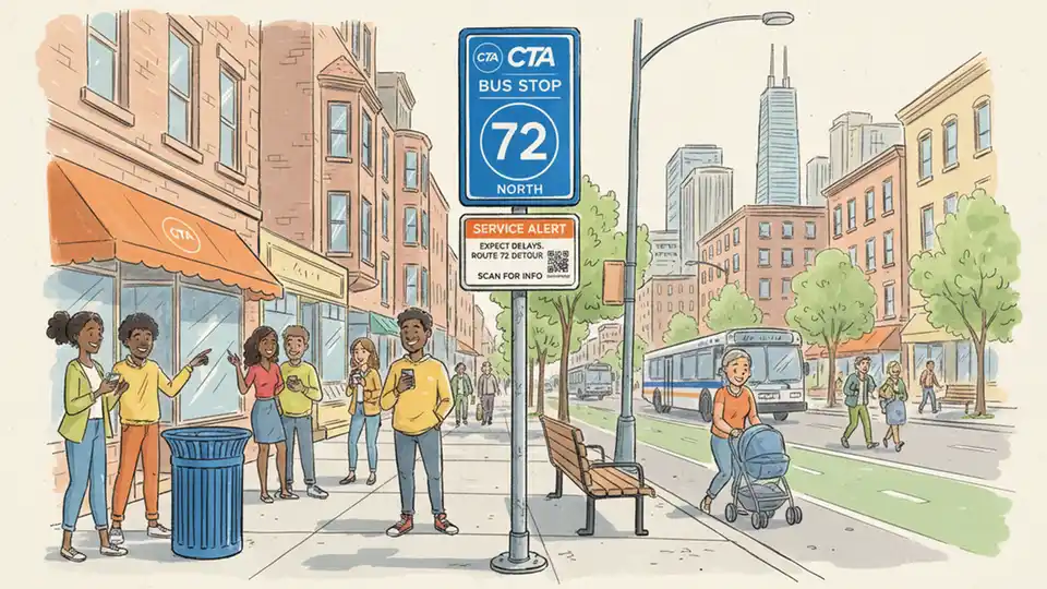 CTA bus stop sign for route 72 with service alert notification