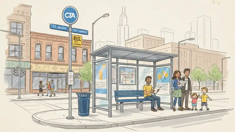 CTA bus stop sign and shelter at Chicago street corner with route number display and passenger waiting area