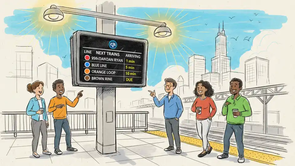 CTA Train Tracker display screen at rail station platform showing arrival information