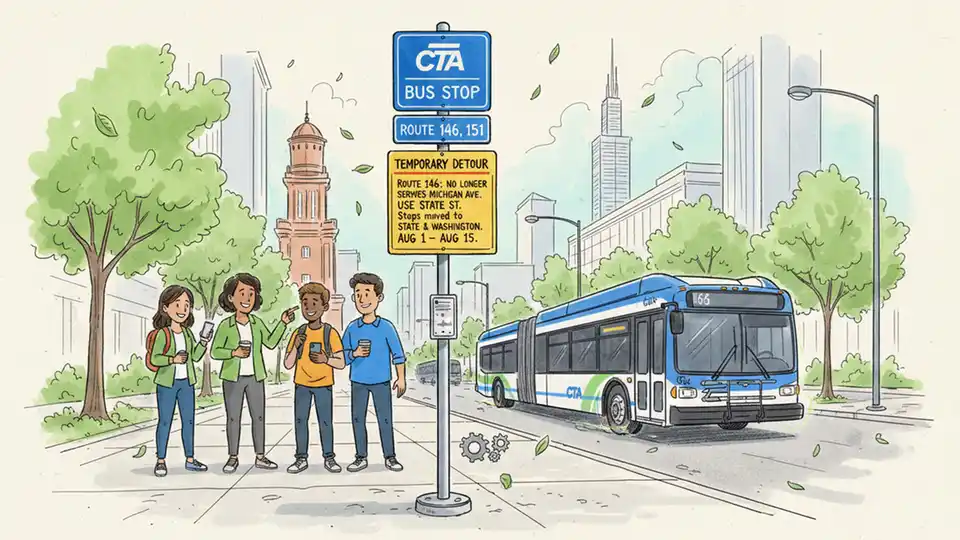 CTA bus stop sign showing route number and temporary detour notice
