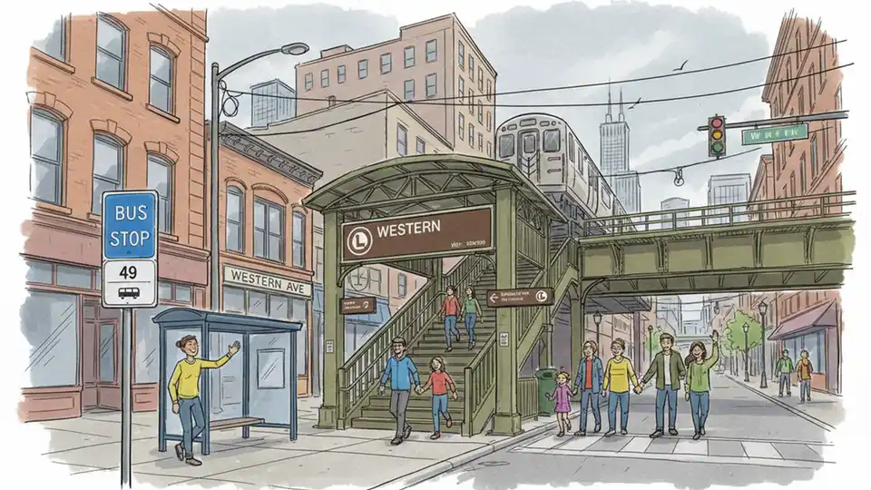Western Brown Line station entrance with CTA bus stop sign in foreground