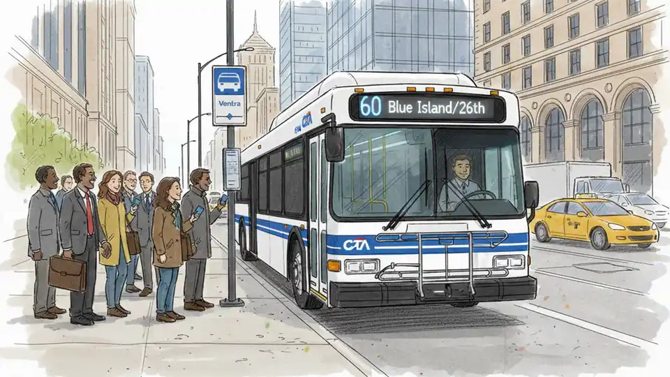 CTA Route 60 bus at downtown Chicago stop with passengers boarding