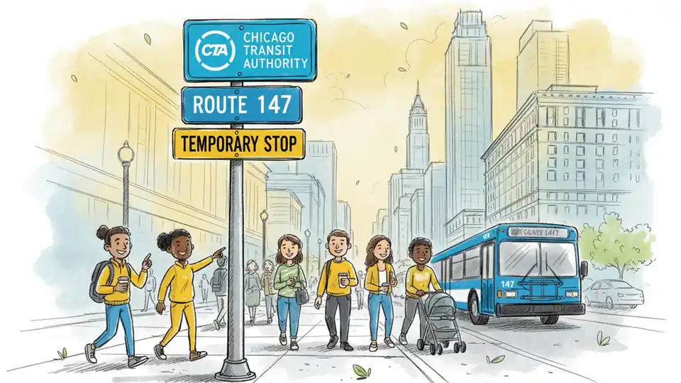 CTA bus stop sign showing route number and temporary stop designation in downtown Chicago