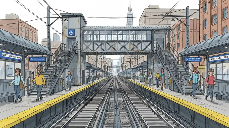 CTA elevated station platform with overhead transfer bridge connecting platforms, showing stairs and elevator access points for passenger use