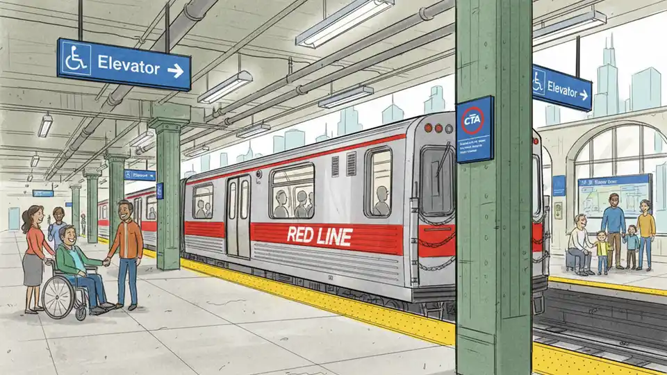 CTA Red Line train at platform with accessibility signage and elevator indicators, showing typical station infrastructure