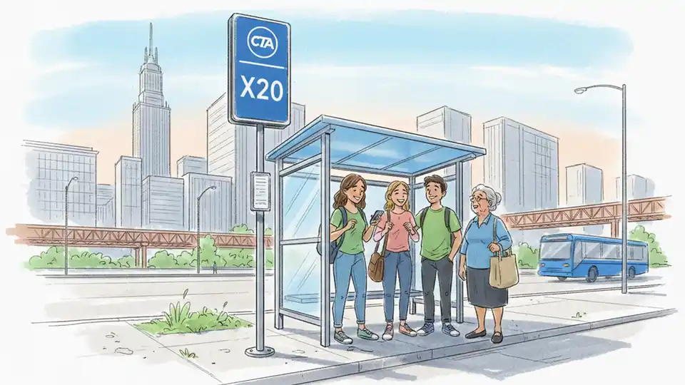 CTA bus stop sign showing route number with passengers waiting