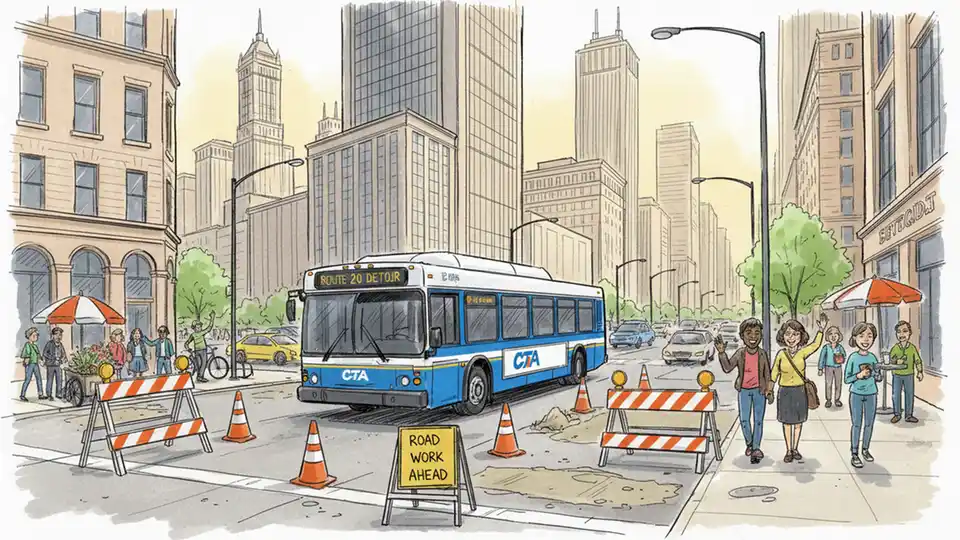 Chicago Transit Authority bus navigating downtown street detour with construction barriers visible in background