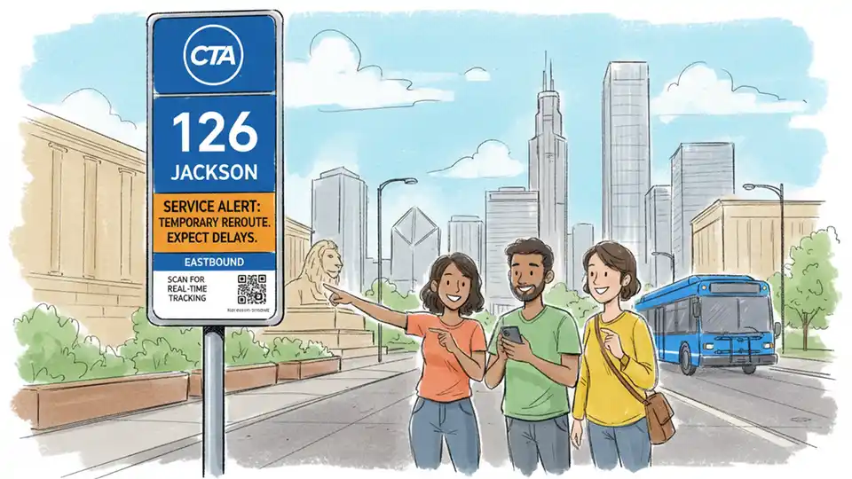 CTA bus stop sign showing route 126 Jackson with service alert notification