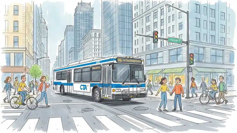 Chicago Transit Authority bus at downtown intersection with street signs visible showing route directions
