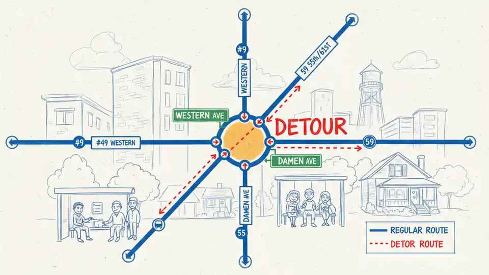 CTA bus route map showing detour path with street signs for Western Avenue, 59th Street, Damen Avenue intersection