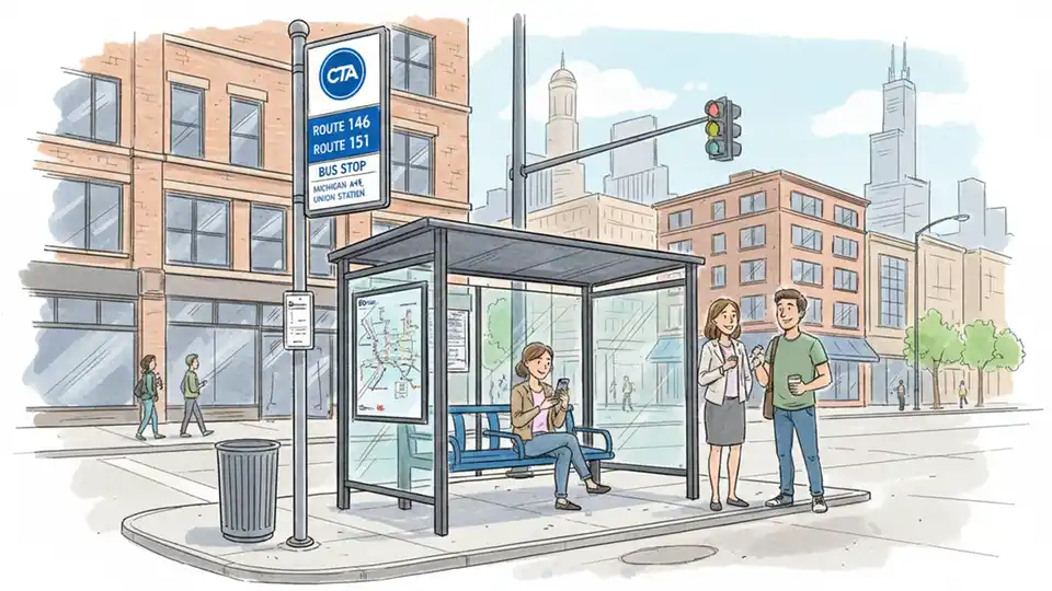 CTA bus stop sign and shelter on a Chicago street corner with passengers waiting