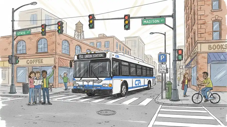 Chicago Transit Authority bus at urban intersection with traffic signals and street signs visible