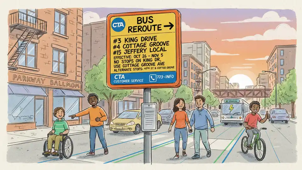 CTA bus route detour sign showing temporary reroute information for Chicago South Side routes