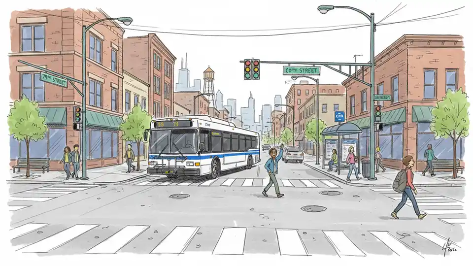 CTA bus at 79th Street and Cottage Grove intersection on Chicago's South Side with urban streetscape
