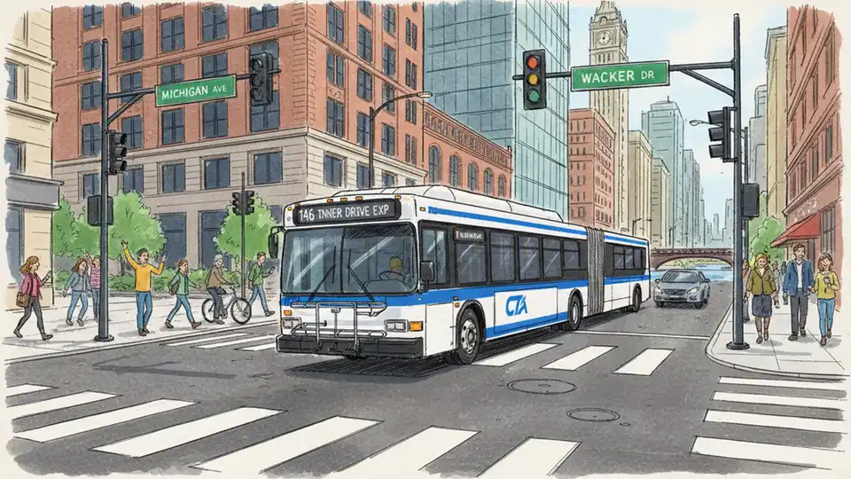 Chicago Transit Authority bus navigating city intersection with street signs visible