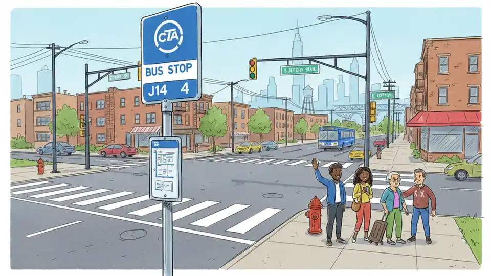 Chicago bus stop sign on South Side with street intersection in background