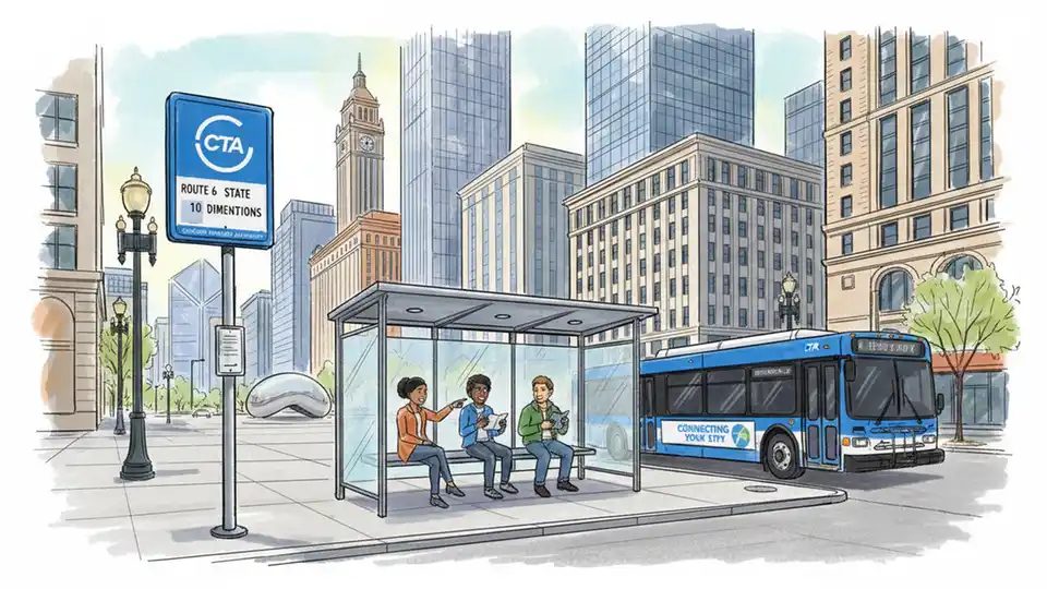 CTA bus stop sign and shelter on State Street with downtown Chicago buildings in background