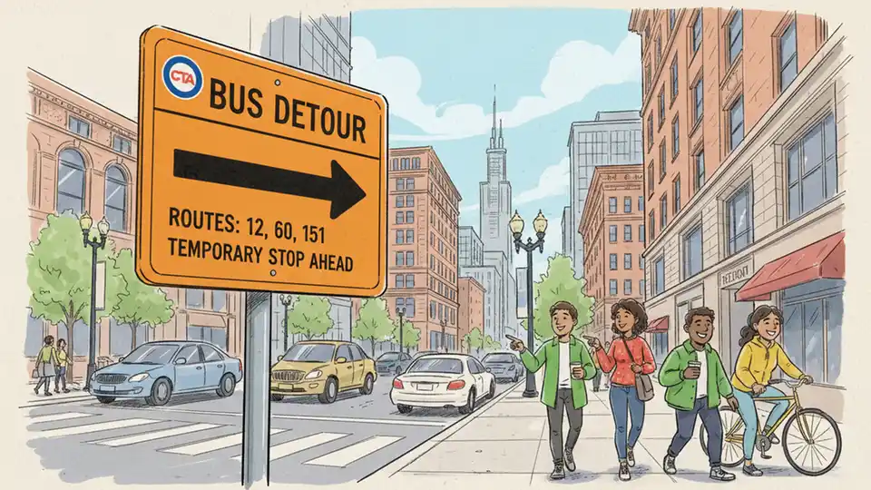 Chicago Transit Authority bus route detour sign with arrow pointing to temporary stop location on urban street